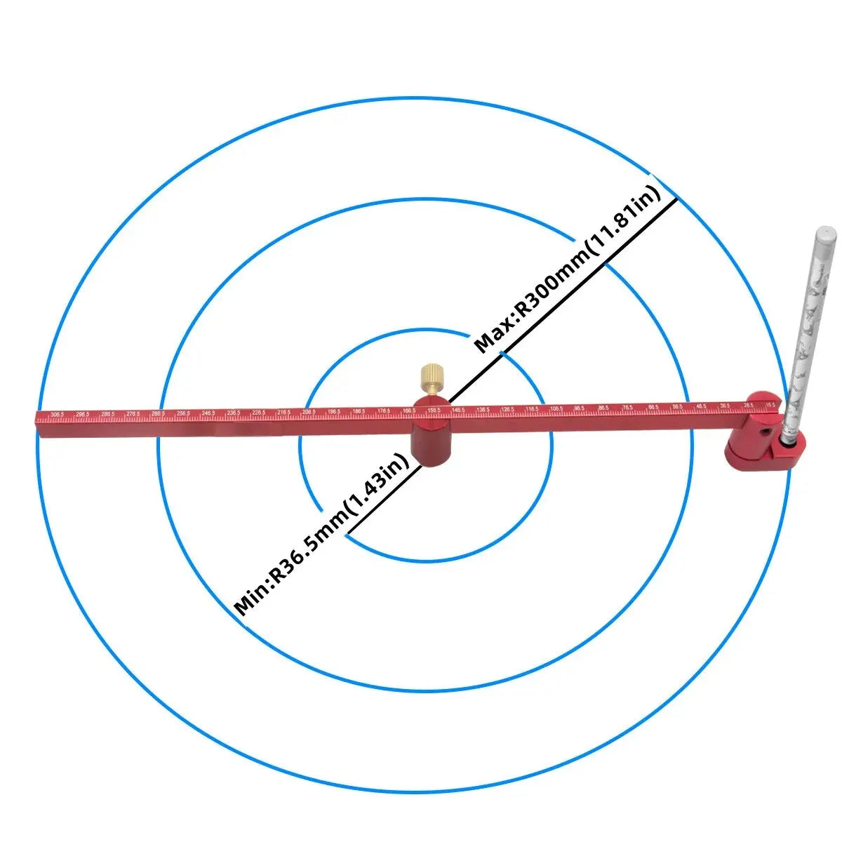 A red aluminum circle drawing ruler with markings showing a 300mm maximum and a 36.5mm minimum diameter.