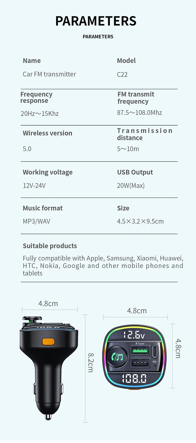 Bluetooth FM Transmitter with 22.5W Fast Charging Car Adapter
