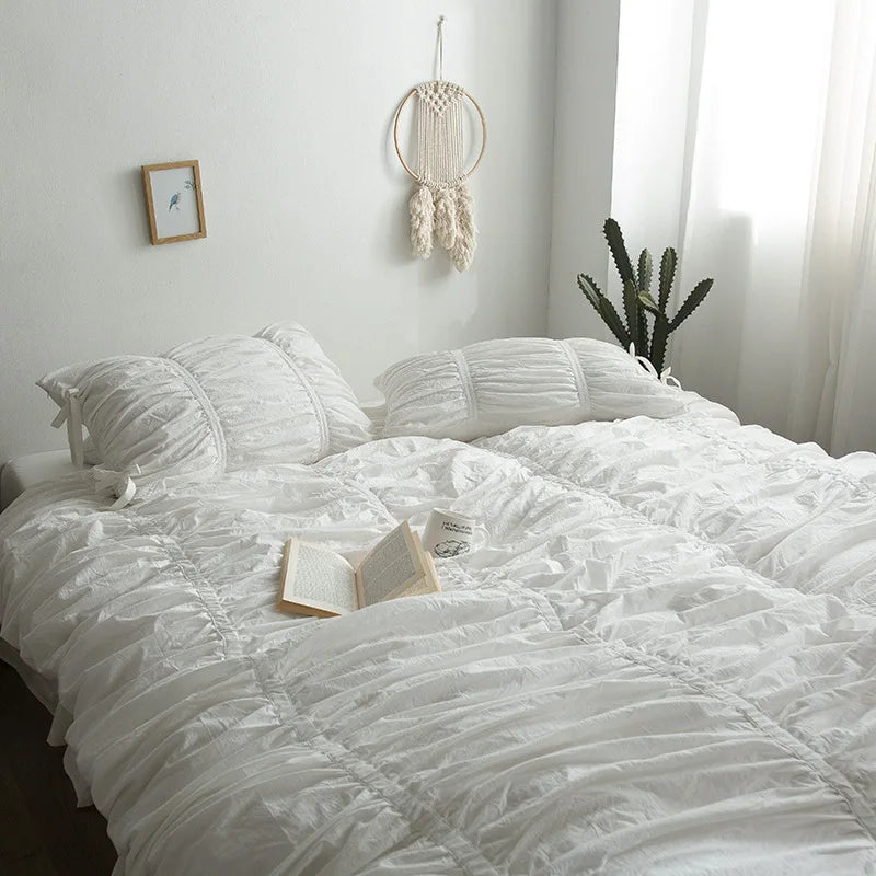 Washed Cotton Ruffle Bedding Set with Bow Ties – Pure White