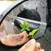 A hand holds a green plant against a wet car mirror, demonstrating the anti-fog and rain-repellent properties of the film.