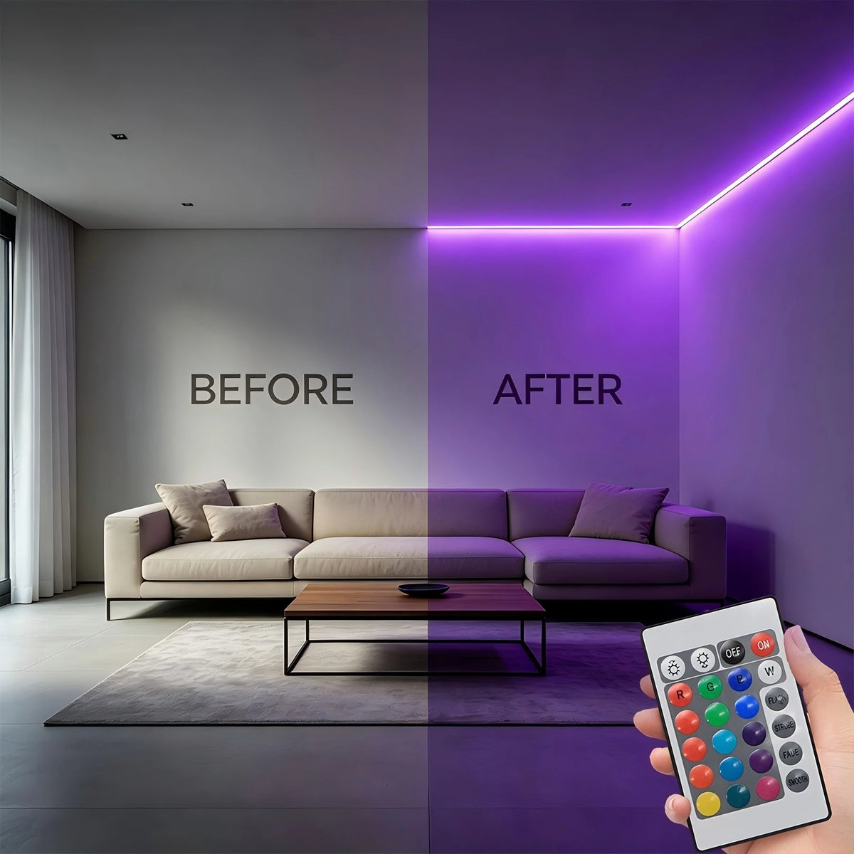 Before and after comparison of a room with purple LED strip lighting, showing a sofa and floor.