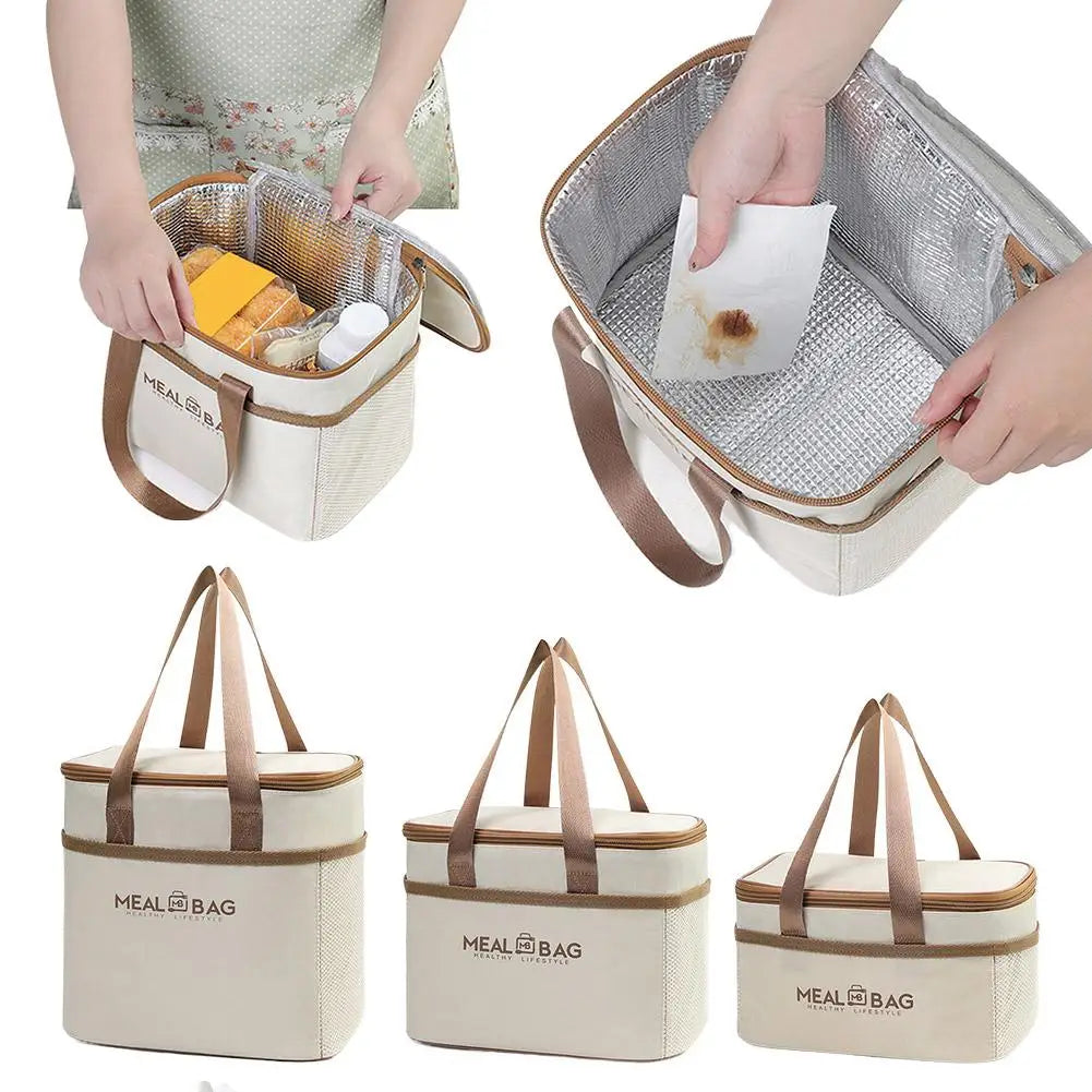 Insulated lunch bags in beige and gray showing various ways to carry food.