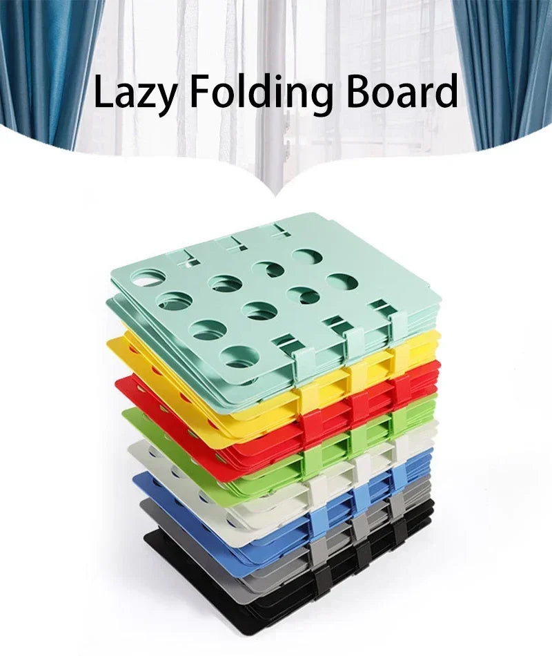 A stack of colorful lazy folding boards for organizing clothes and shirts.