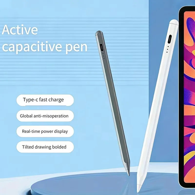 A white active capacitive pen is shown next to a smartphone, highlighting features like Type-c fast charge and real-time powe