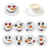 A set of eight DIY diamond art coasters featuring various smiling face designs on white bases.