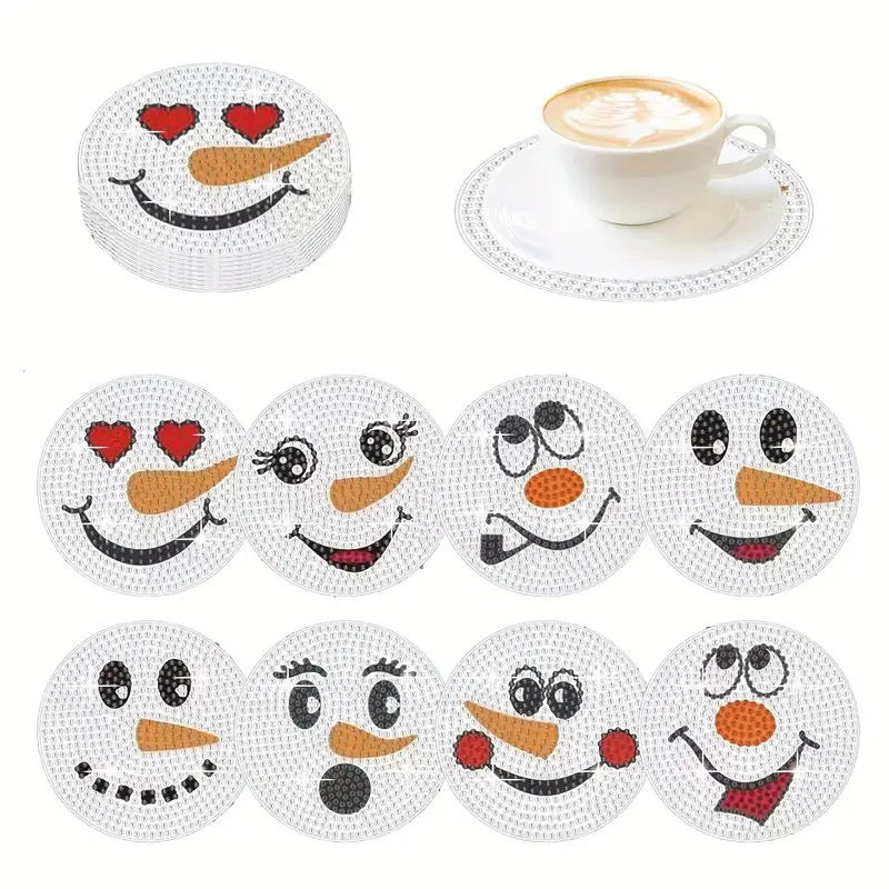 A set of eight DIY diamond art coasters featuring various smiling face designs on white bases.