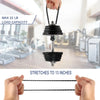 A hand holds a black ball bungee cord stretched to 13 inches, demonstrating its length.