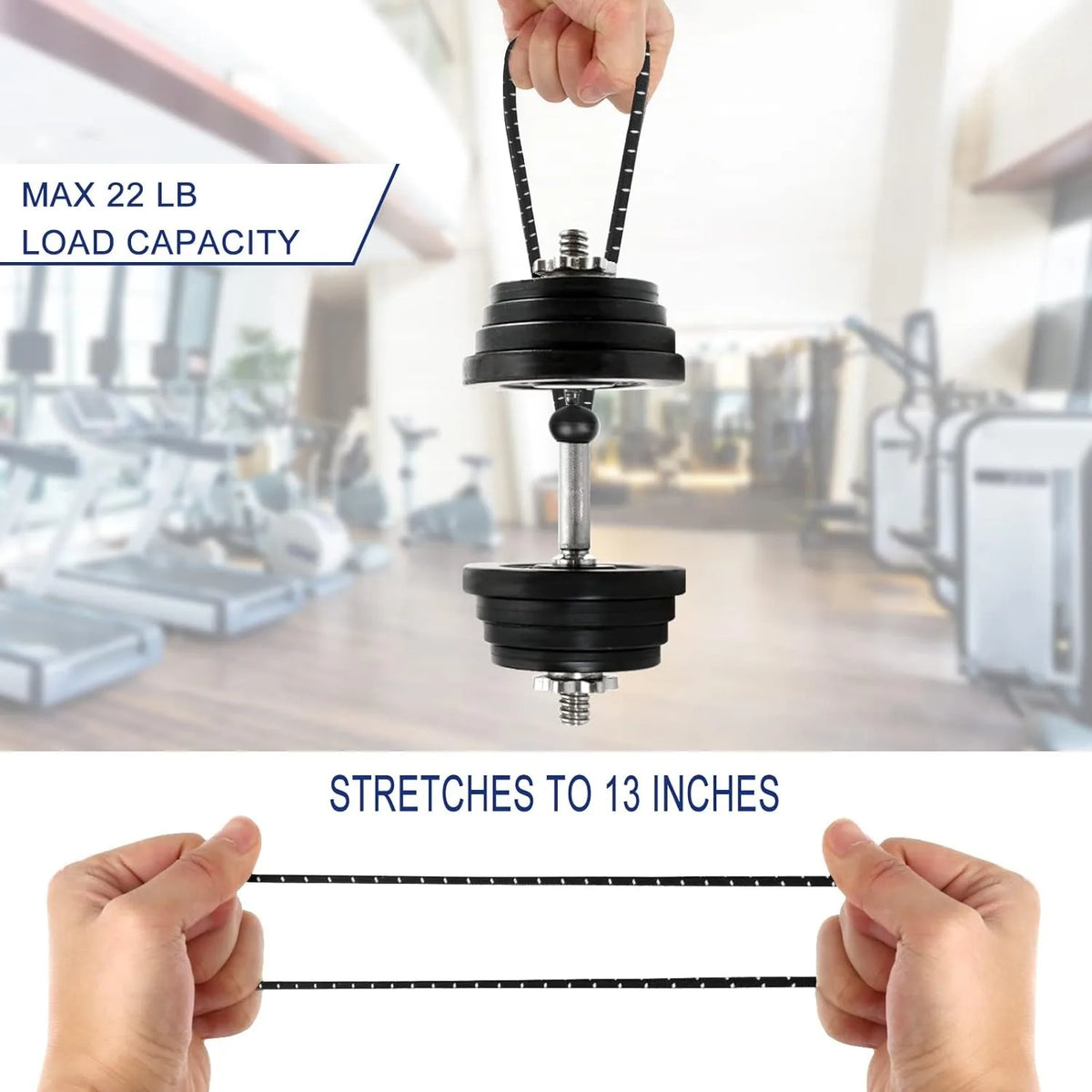 A hand holds a black ball bungee cord stretched to 13 inches, demonstrating its length.