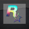 A colorful, iridescent letter R and a five-pointed star design on a gray background.