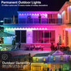 Permanent outdoor lights illuminating a modern house facade with colorful holiday decorations.