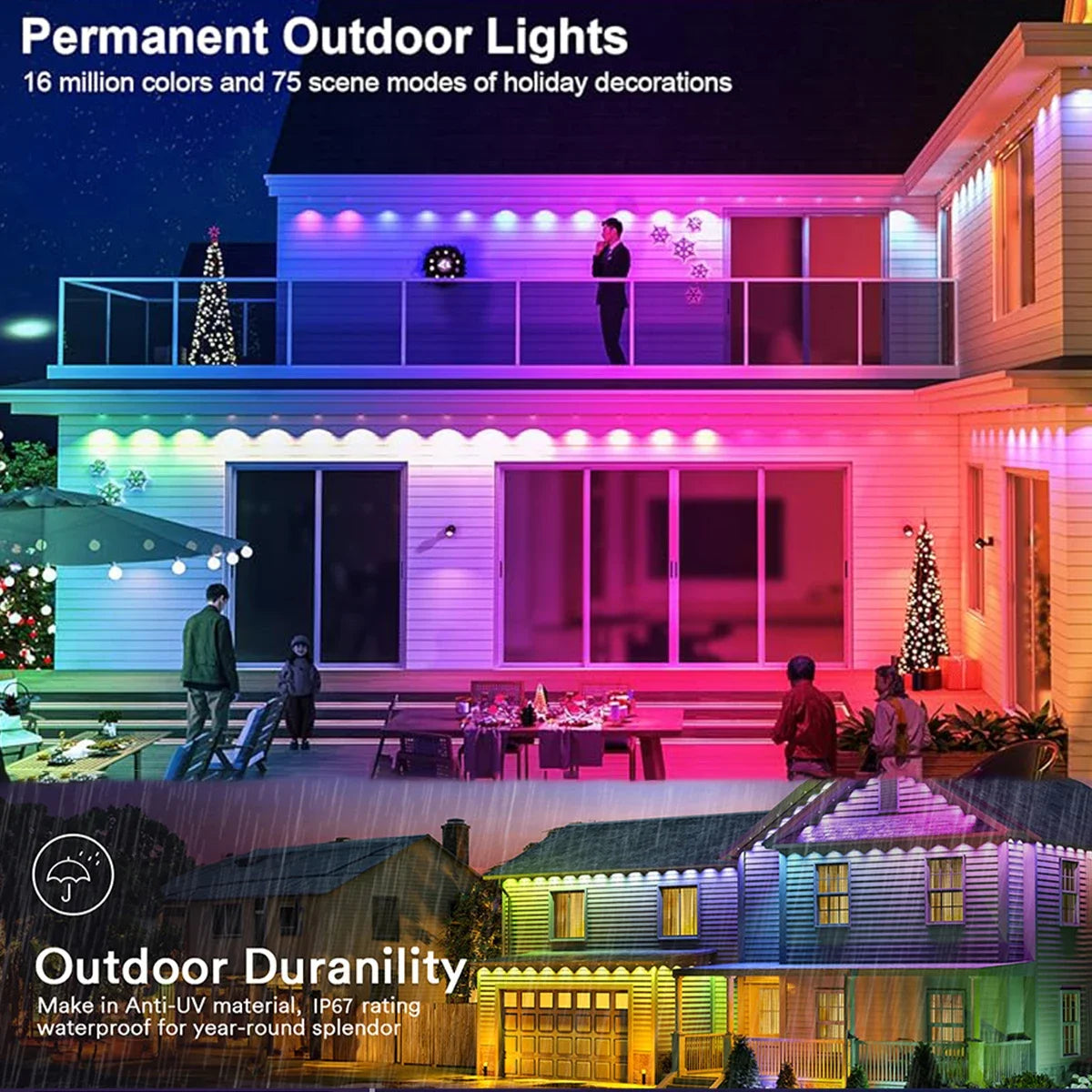 Permanent outdoor lights illuminating a modern house facade with colorful holiday decorations.