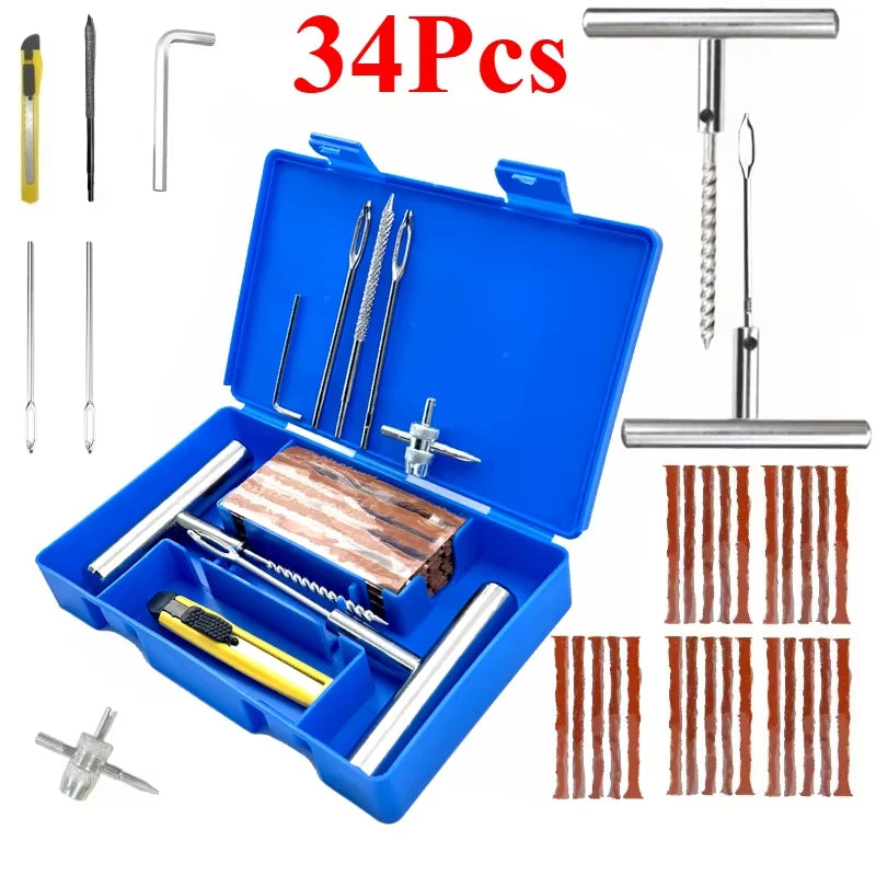 A blue portable tire repair kit containing various tools like wrenches, pliers, and wire cutters.