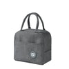 A gray insulated lunch bag with handles is shown against a white background.