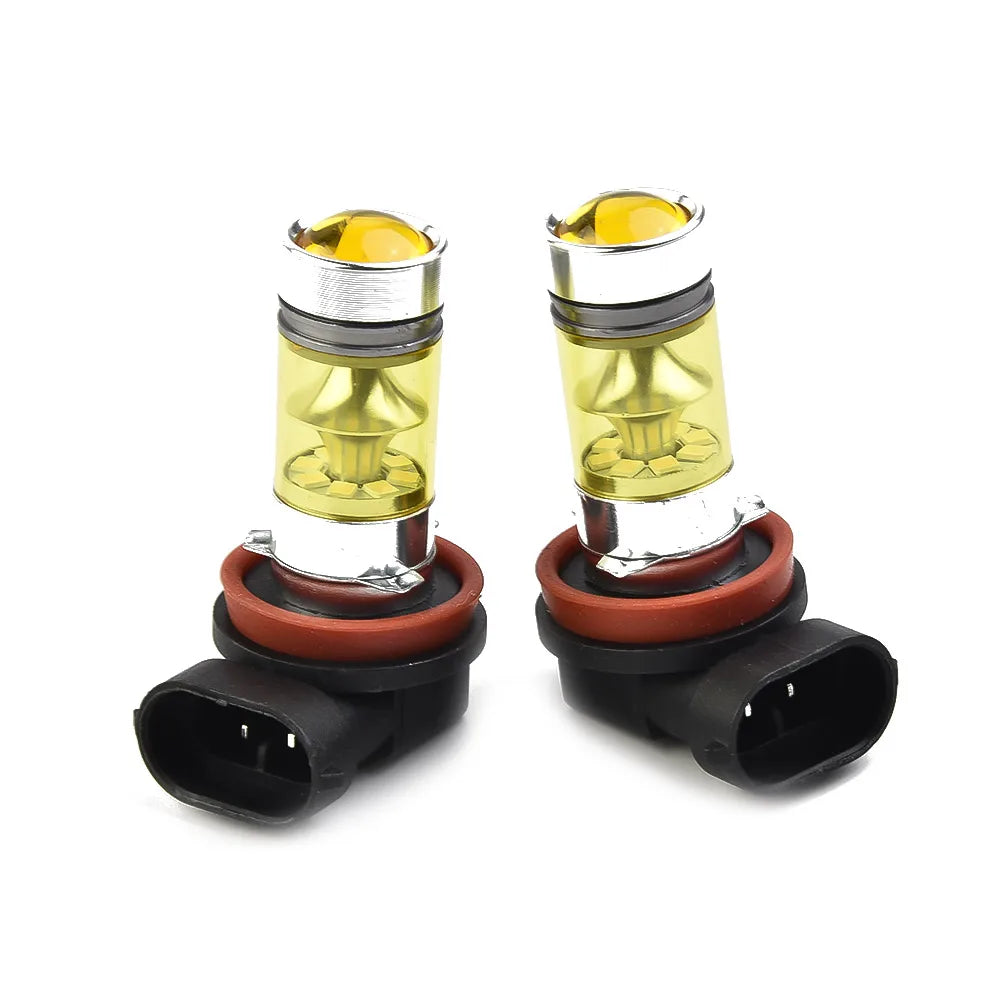 Pair of H11/H8 LED fog light bulbs with yellow light and silver housing.