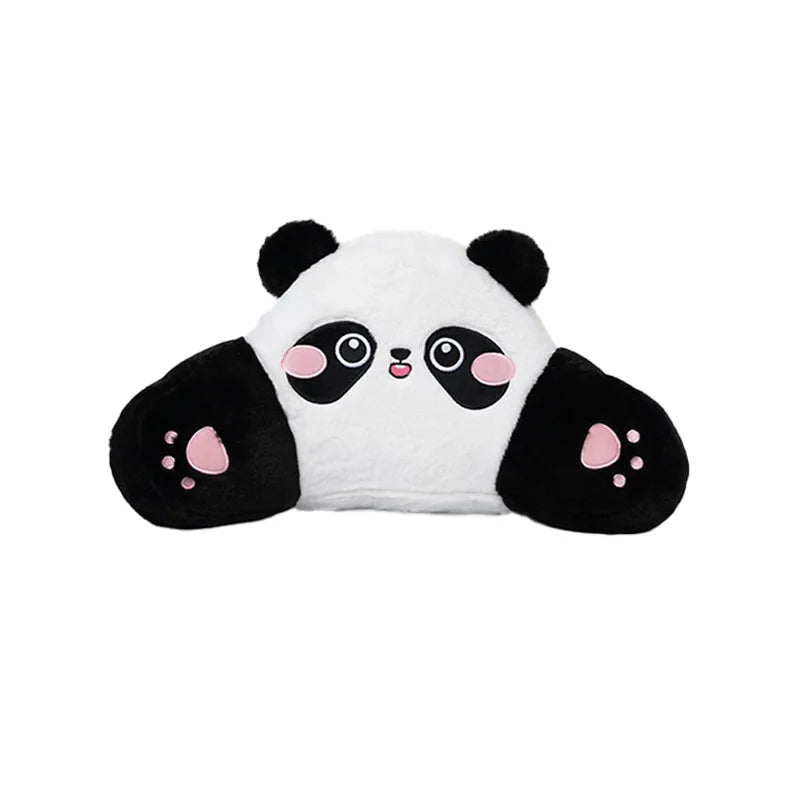 A black and white panda plush cushion designed as a car headrest or lumbar support.