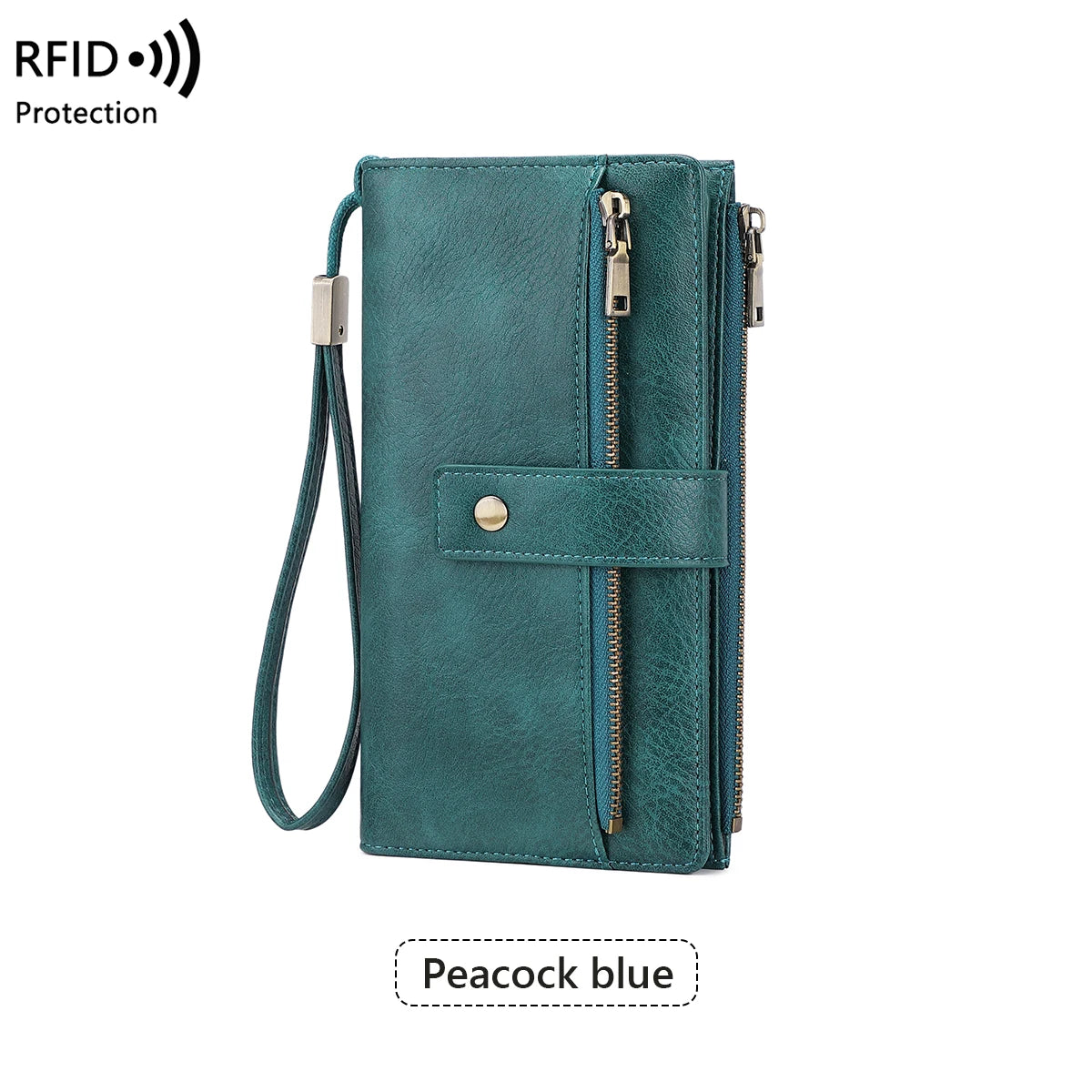 A teal leather bifold wallet with a zip-around closure and wristlet strap in peacock blue.