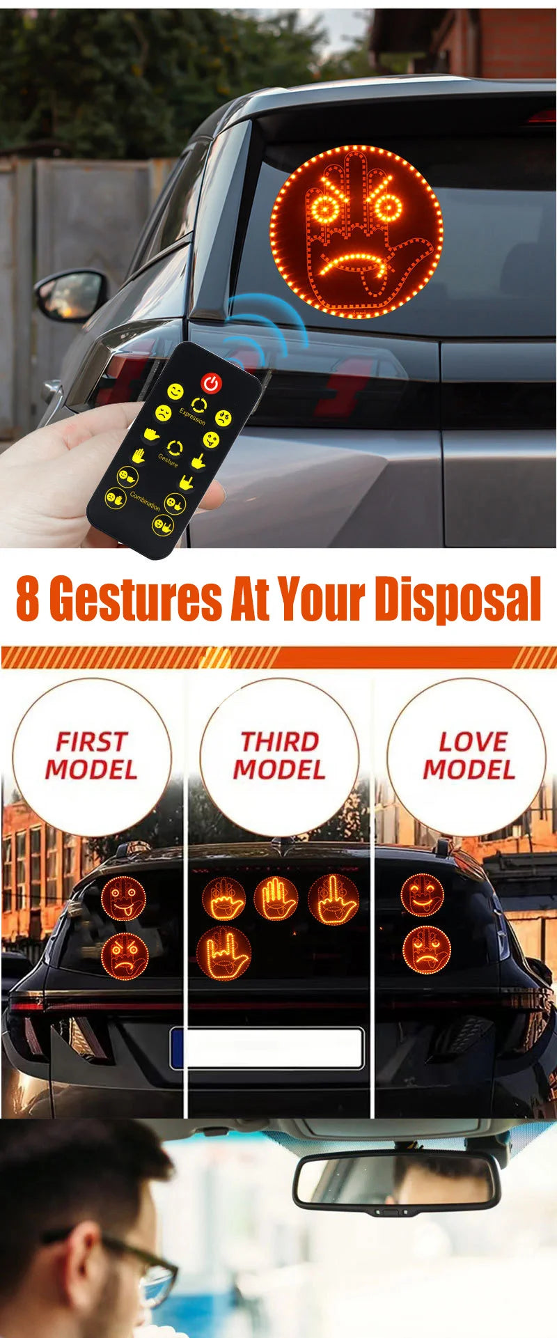 A hand holds a remote control with gesture lights, demonstrating eight gestures on a dark car surface.