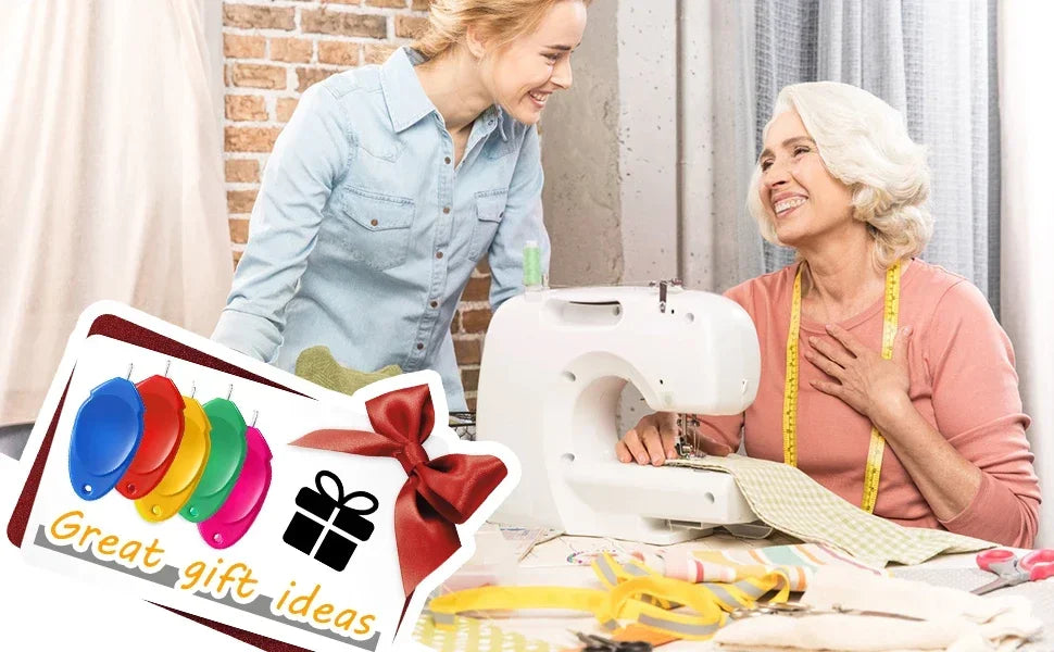 A woman is using a white sewing machine with a 6-piece needle threader set for hand and machine sewing.