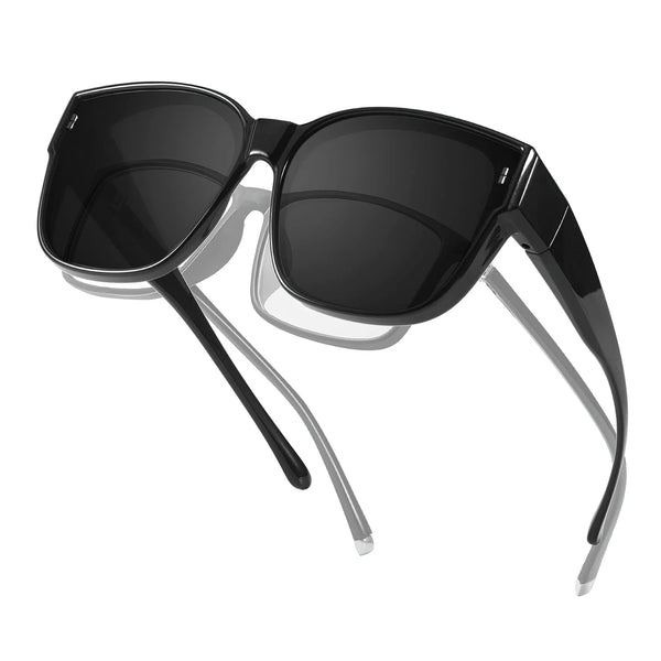 A pair of black polarized sunglasses with clear frames and arms.