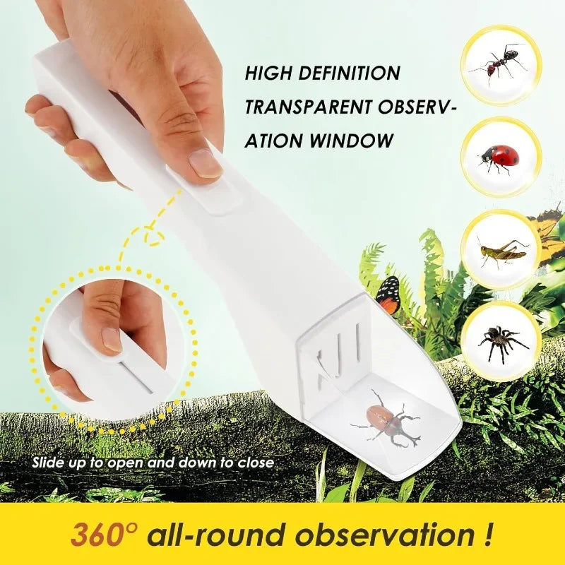 A hand is holding a white, high-definition transparent observation window insect catcher for 360 degree all-round observation