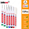 A set of 15 long marker tools for deep hole marking used in woodworking and construction
