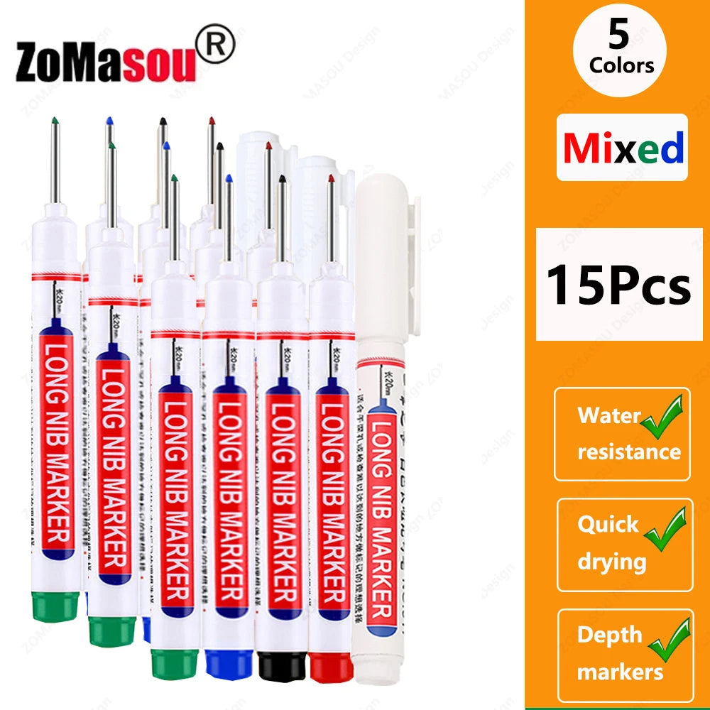 A set of 15 long marker tools for deep hole marking used in woodworking and construction