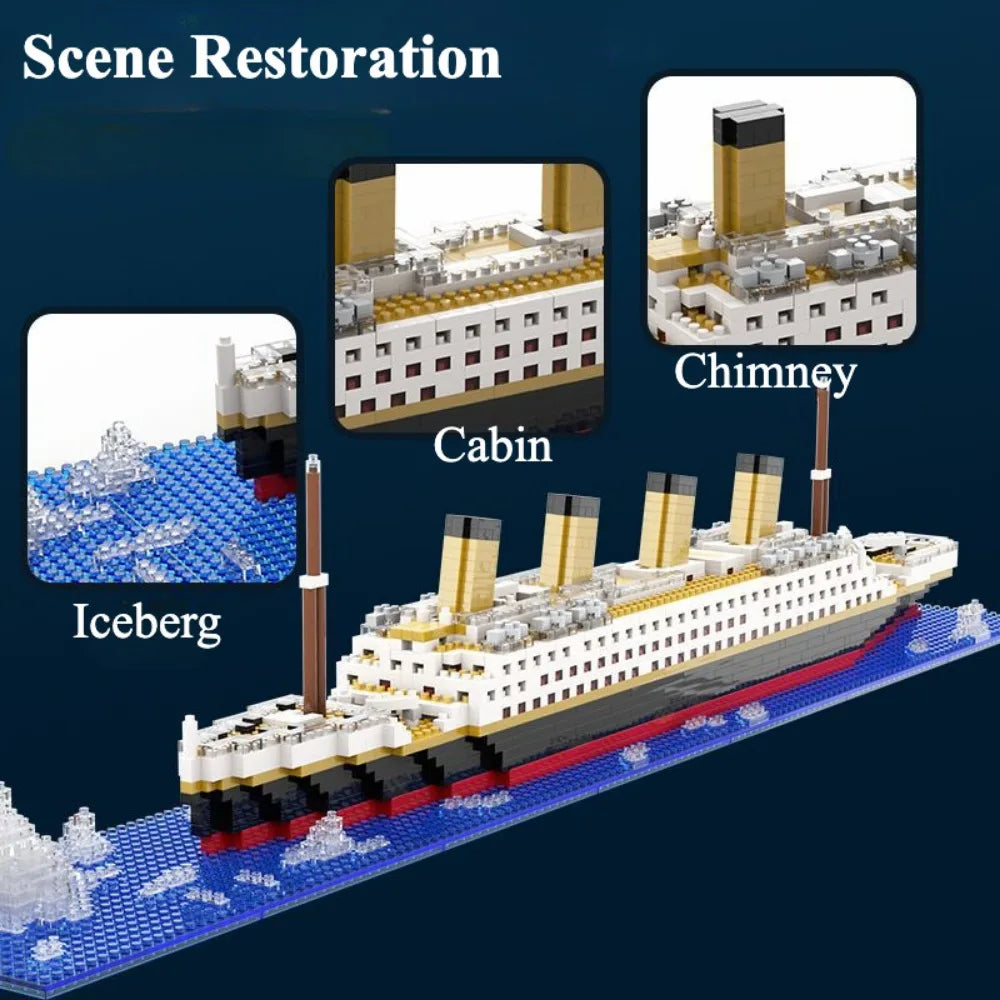 A model kit of a Titanic ship built from interlocking plastic bricks, showing scene restoration details like a cabin and chim
