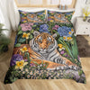 A duvet cover set featuring a vibrant wild safari animal print with tigers and colorful flowers.
