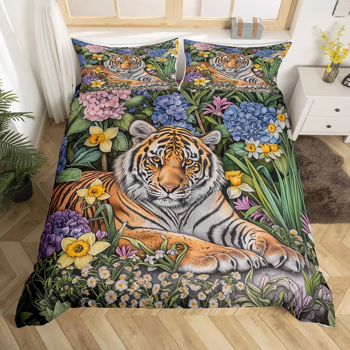 A duvet cover set featuring a vibrant wild safari animal print with tigers and colorful flowers.