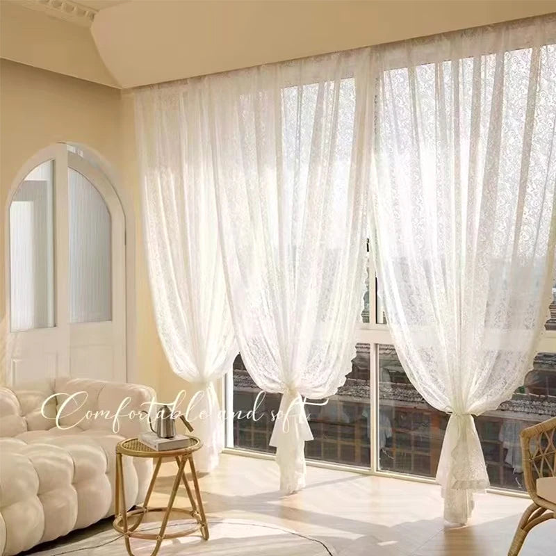 French Lace Sheer Curtains - White Tulle Voile Drapes for Bedroom & Living Room