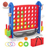 A red and blue outdoor game set featuring a basketball hoop, ring toss, and various colored rings and balls.
