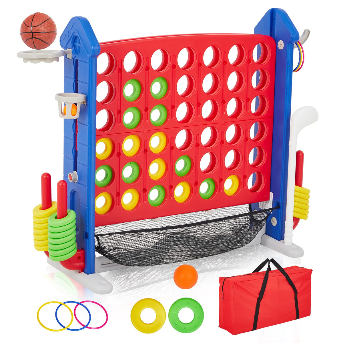 A red and blue outdoor game set featuring a basketball hoop, ring toss, and various colored rings and balls.