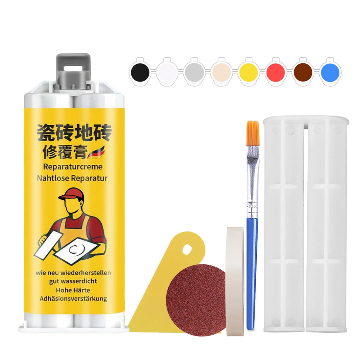 A repair kit for tile and stone cracks showing various color pigments and a brush applicator.