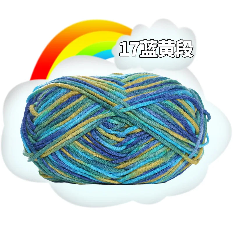 A ball of 17-ply yarn in various shades of blue, green, and yellow, set against a white cloud with a rainbow background.