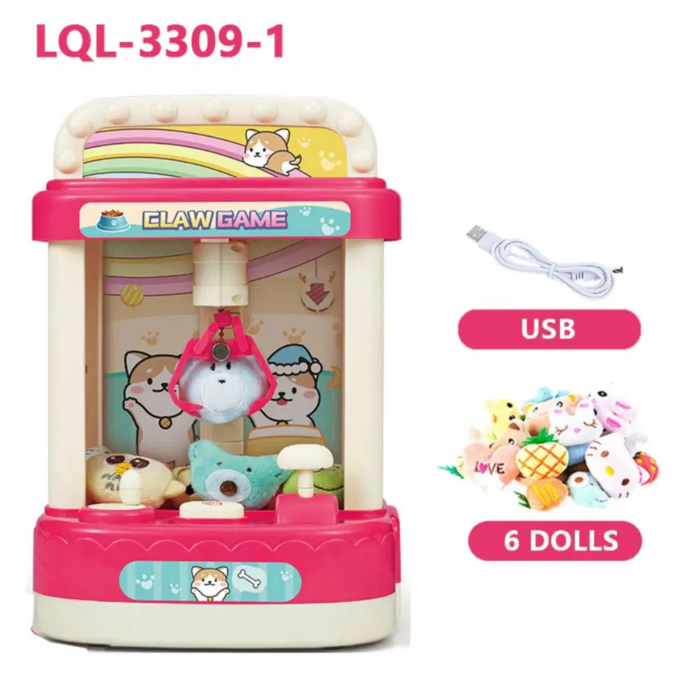 A pink and white claw game machine for kids featuring a crane, lights, music, and six dolls.