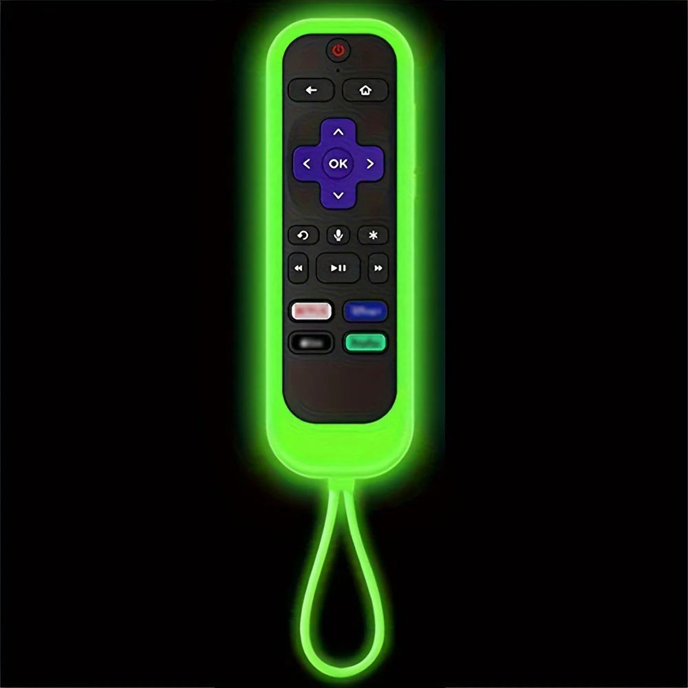 A silicone remote control cover with buttons and a green glow, featuring a flexible cord.