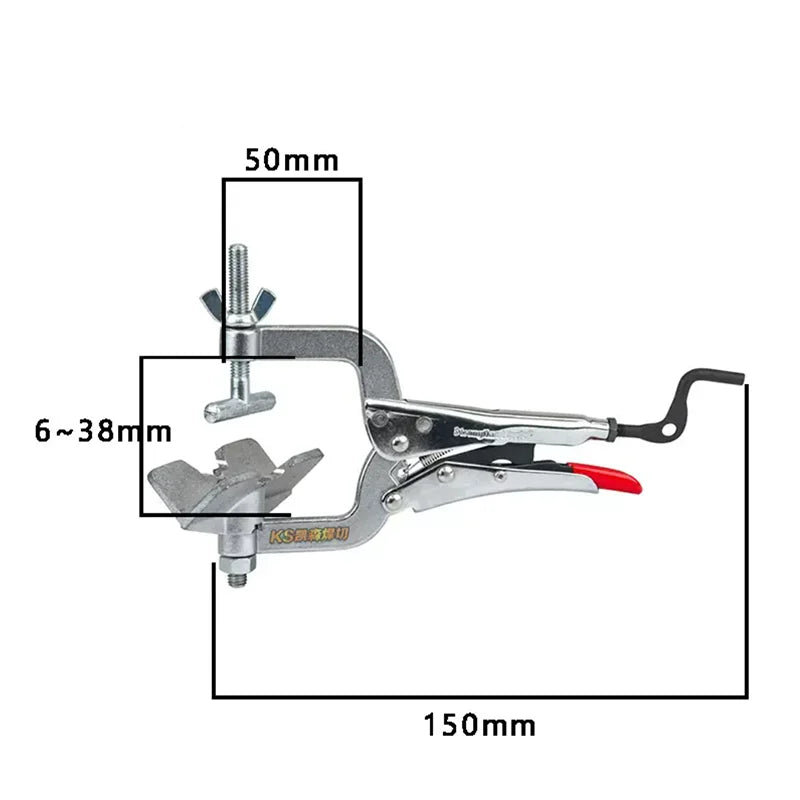 A close-up view of heavy-duty welding pipe clamp pliers showing the jaws and pivot mechanism.