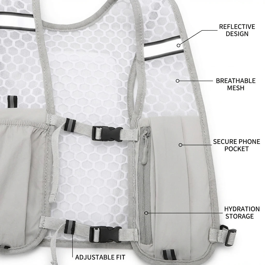A close-up view of a gray mesh running vest featuring a reflective design, breathable mesh, and secure phone and hydration st