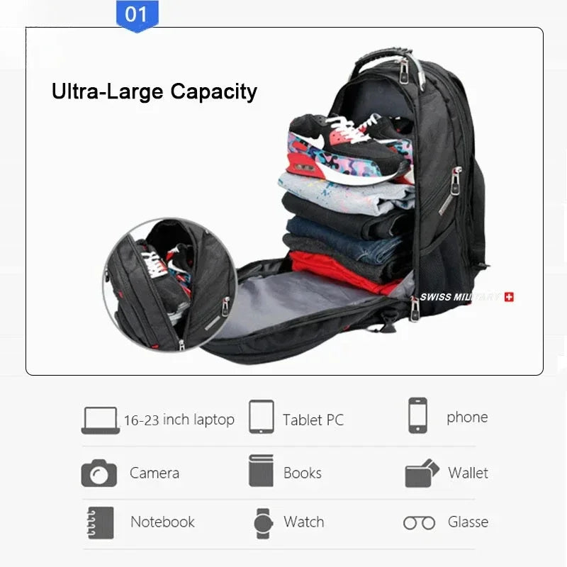 A black waterproof laptop backpack is shown open, displaying various items like a laptop, tablet, camera, books, wallet, note