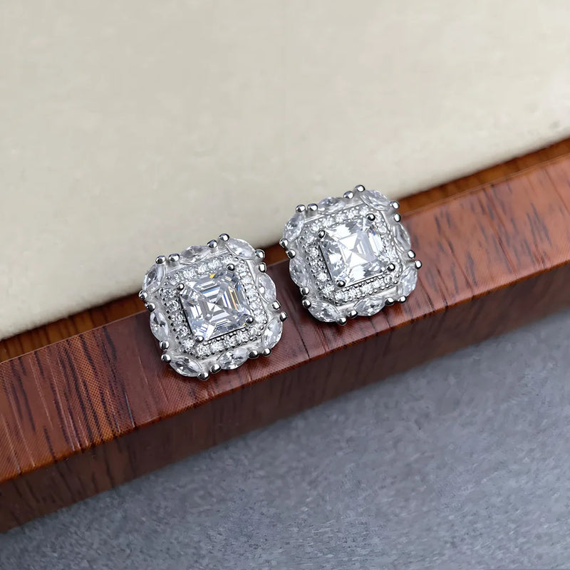 Square Moissanite Stud Earrings in Rhodium-Plated Silver
