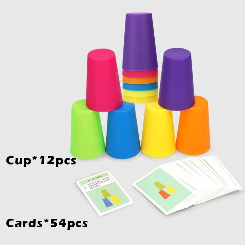 A stack of colorful plastic cups in various shades of purple, pink, green, and yellow, next to a fan of cards.