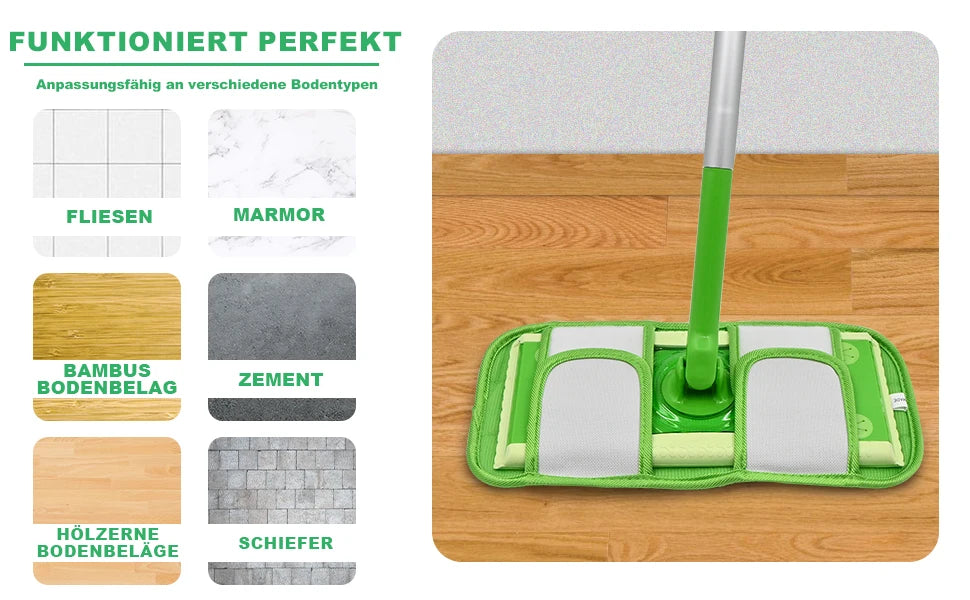 A green reusable microfiber mop pad with white cleaning surfaces is shown on a wooden floor.