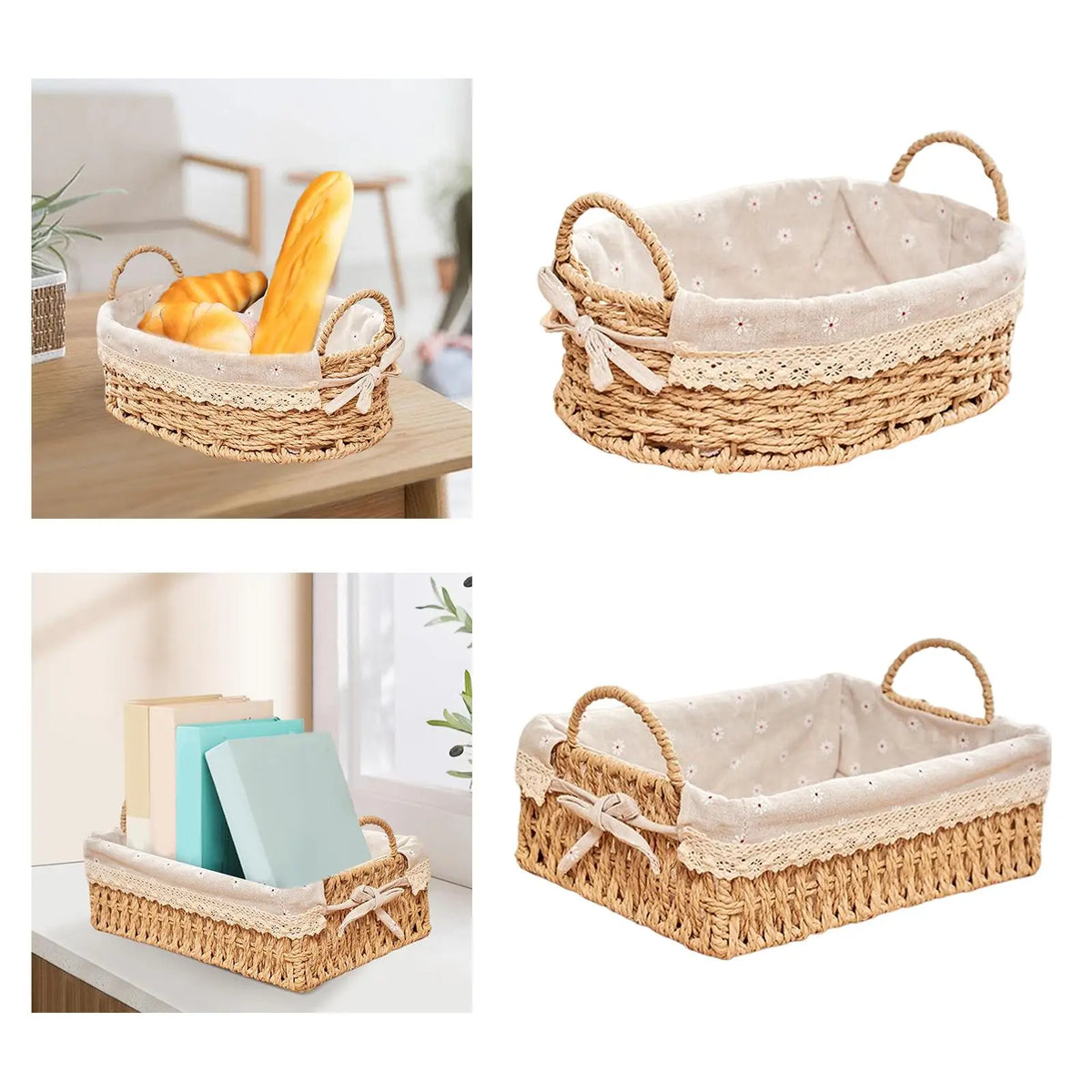 Cesto de almacenaje tejido a mano con trenzado de paja natural y forro interior de lino beige extraíble.