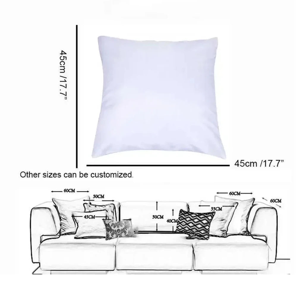 White decorative pillowcase for a sofa, shown with dimensions and size options.