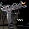 A gray SIG17 pistol model is shown in a close-up, highlighting its features.