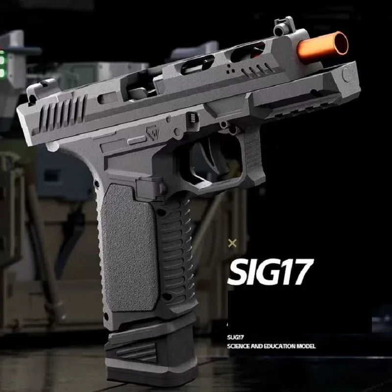A gray SIG17 pistol model is shown in a close-up, highlighting its features.