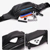 A black genuine leather multi-pocket waist bag with a zipper and attached accessories.