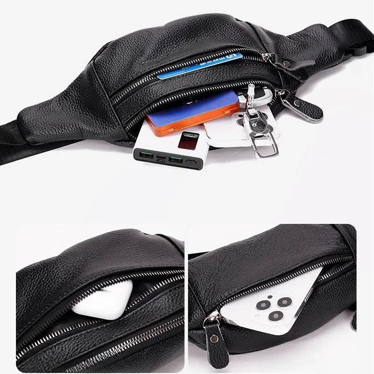 A black genuine leather multi-pocket waist bag with a zipper and attached accessories.