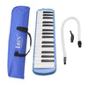 A blue case and a 32-key melodica instrument with a white mouthpiece shown next to it.
