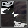 A set of black skull print balaclavas shown in various textures and angles.